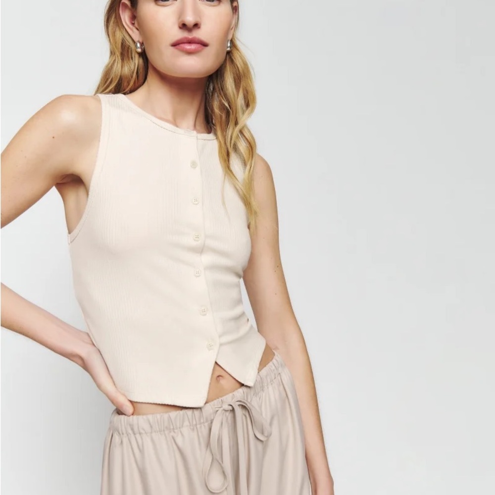 Reformation Cream Ribbed Button Front Tank